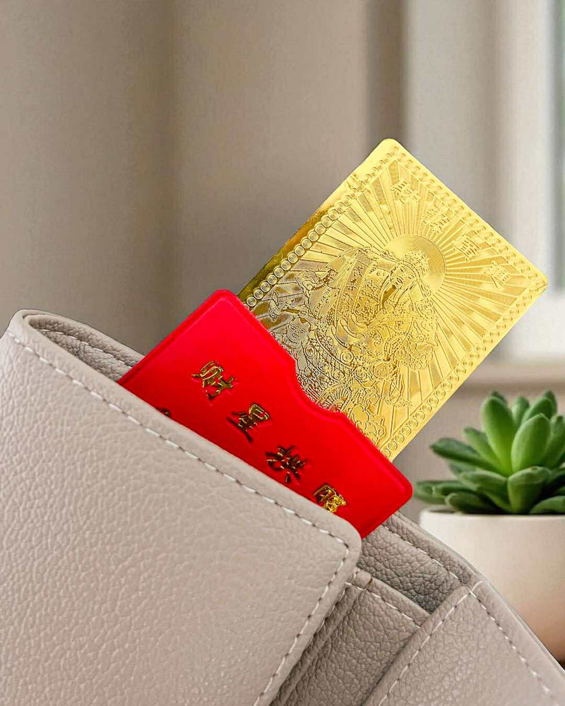 BLING Charms Wealth God Gold Card with Red Protective Sleeve – Lucky Feng Shui Amulet for Abundance & Prosperity