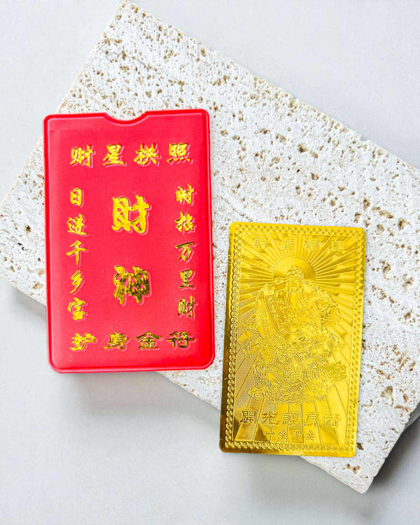 BLING Charms Wealth God Gold Card with Red Protective Sleeve – Lucky Feng Shui Amulet for Abundance & Prosperity