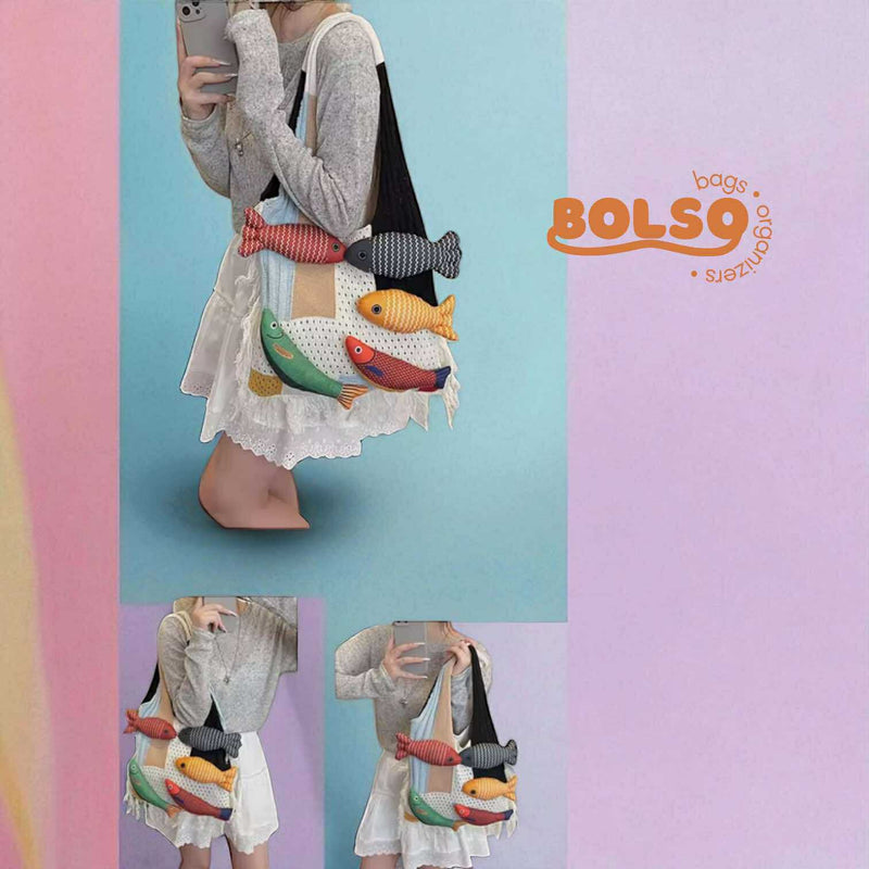 BOLSO 5D Carps Color Blocking Knitted Casual Tote Bag
