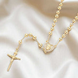 BLING Cross Pendant Gold Plated Prayer Beads Rosary Necklace - Faith Jewelry