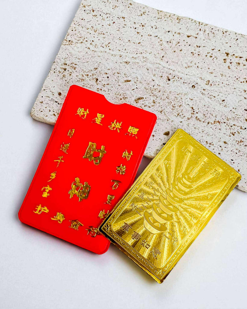 BLING Charms Wealth God Gold Card with Red Protective Sleeve – Lucky Feng Shui Amulet for Abundance & Prosperity