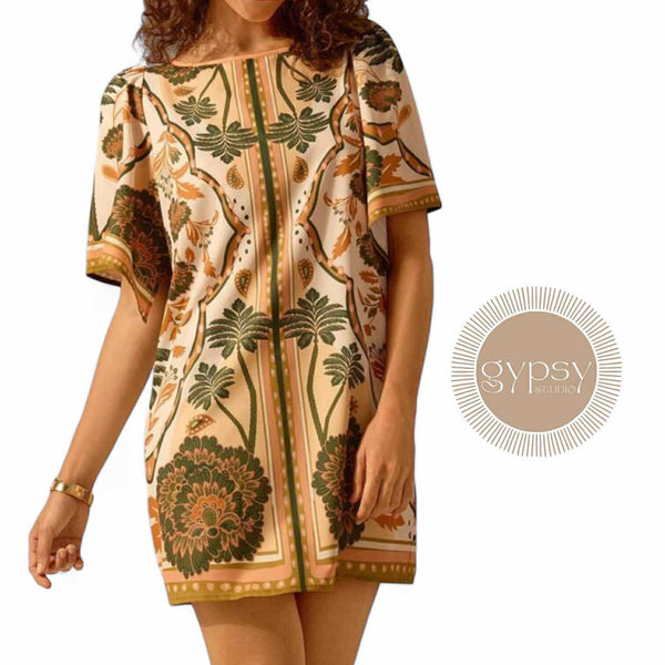 GYPSY Flare Sleeves Boho Tropical Shift Dress with Back Keyhole Detail
