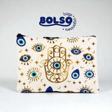 BOLSO Hamsa Hand & Evil Eye Print Canvas Pouch – Protective Charm Organizer Bag