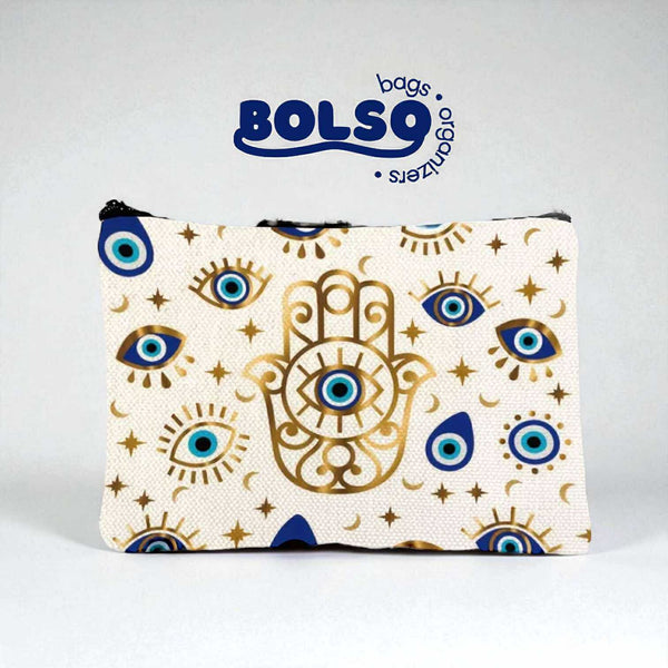 BOLSO Hamsa Hand & Evil Eye Print Canvas Pouch – Protective Charm Organizer Bag