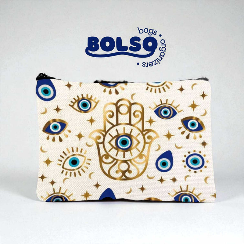 BOLSO Hamsa Hand & Evil Eye Print Canvas Pouch – Protective Charm Organizer Bag