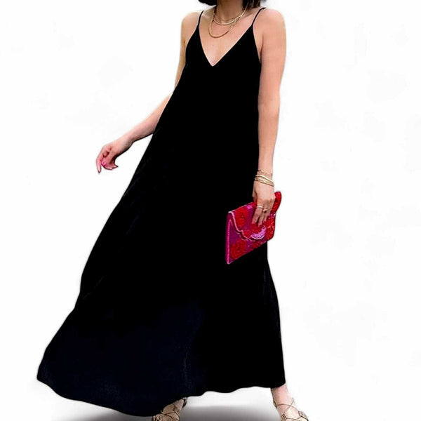 BLK Classic V Neck Strap Maxi Woven Flowy Dress