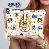 BOLSO Hamsa Hand & Evil Eye Print Canvas Pouch – Protective Charm Organizer Bag