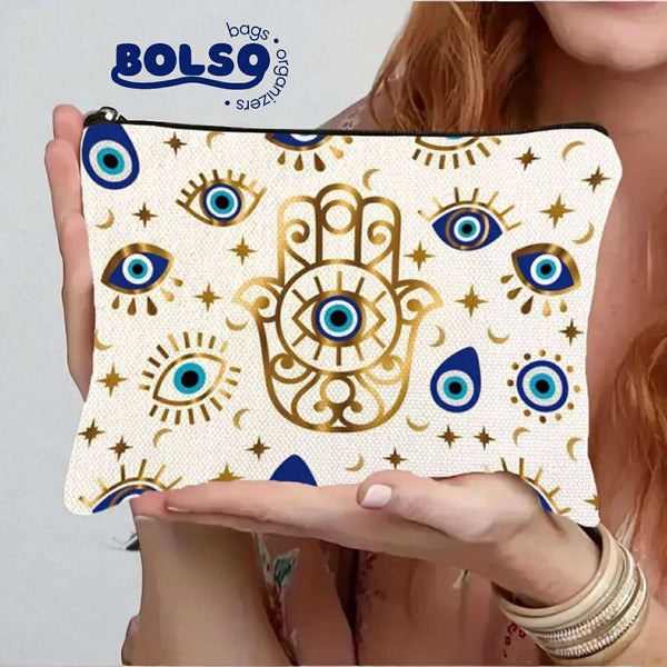 BOLSO Hamsa Hand & Evil Eye Print Canvas Pouch – Protective Charm Organizer Bag