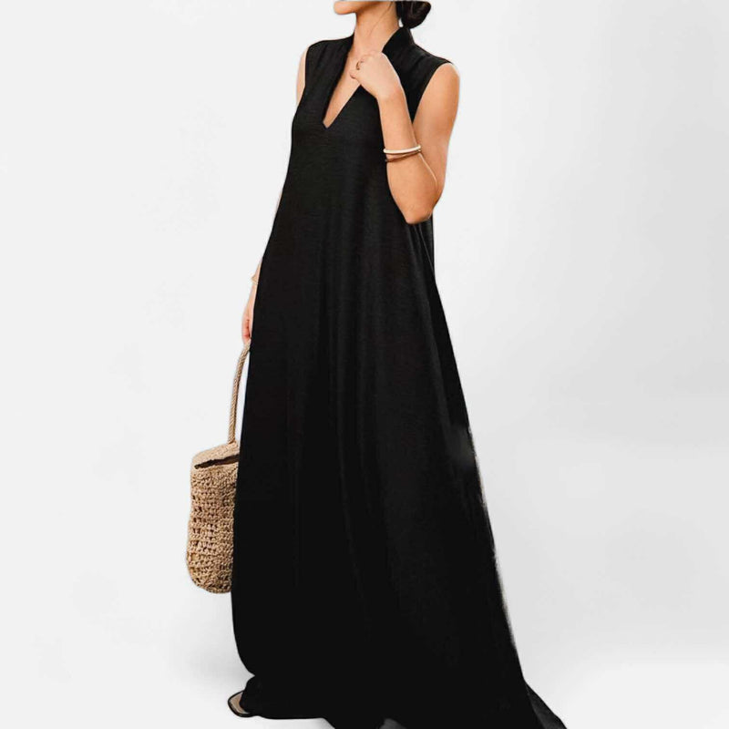 BLK Luxe Resort Lounge Flowy Stand Collar Sleeveless Maxi Woven Dress