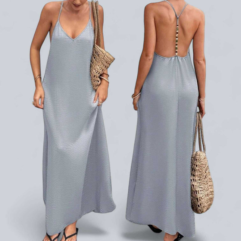 BLK Summer Beaded Strap V Neck Low Back Long Dress