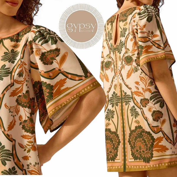 GYPSY Flare Sleeves Boho Tropical Shift Dress with Back Keyhole Detail