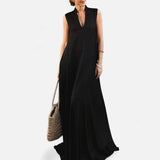 BLK Luxe Resort Lounge Flowy Stand Collar Sleeveless Maxi Woven Dress