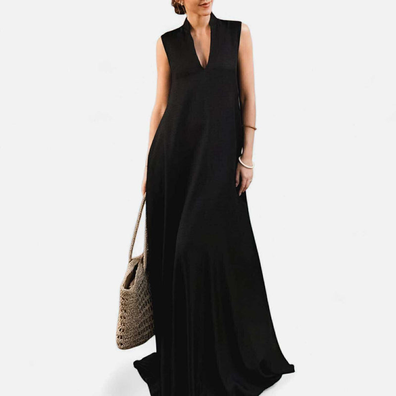 BLK Luxe Resort Lounge Flowy Stand Collar Sleeveless Maxi Woven Dress