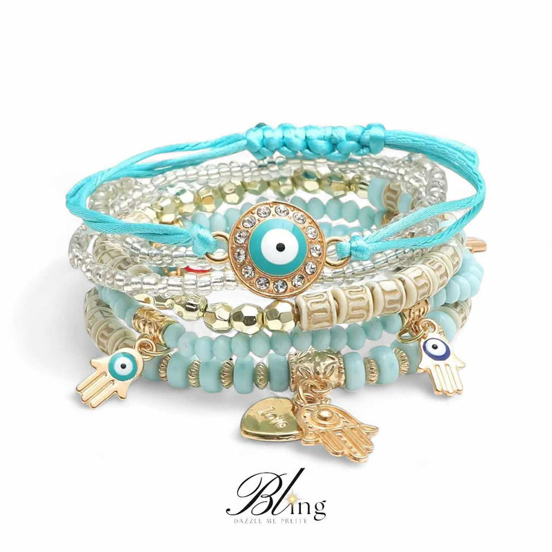 BLING 6pc Evil Eye Charm Accent Boho Bracelet Set
