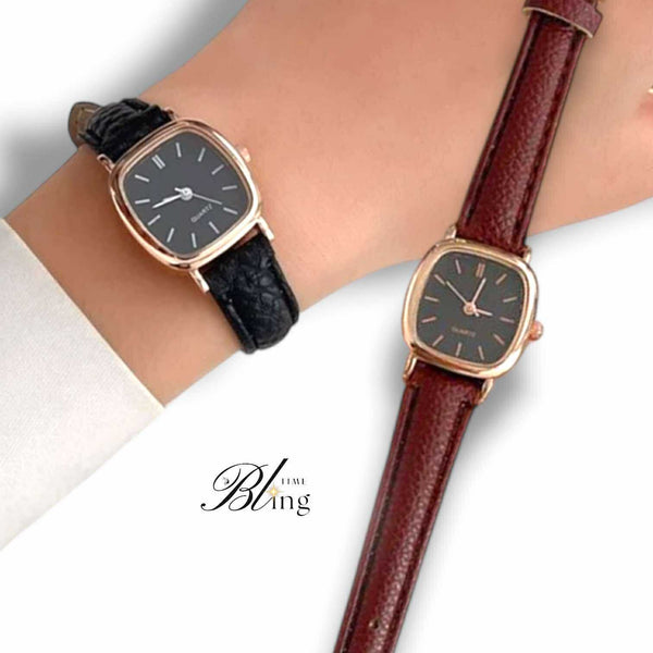 BLING Time Classic Square Face Slim Leather Strap Watch