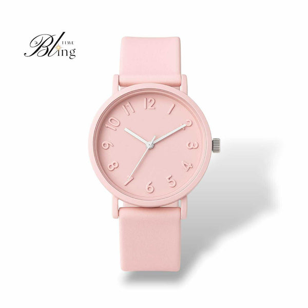 BLING Time Round Face Pink Quartz Wrist Watch Silicone Strap