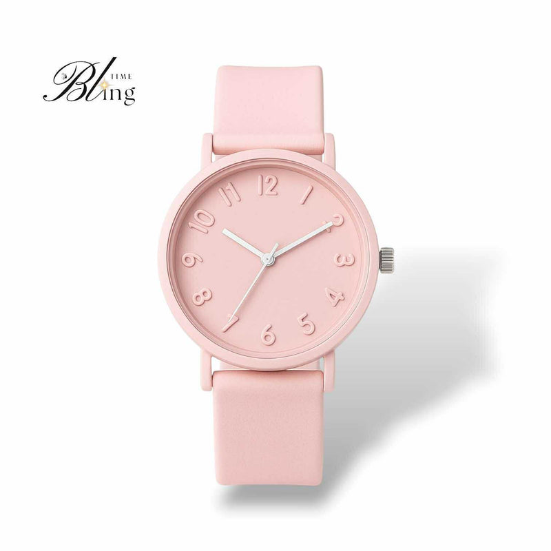 BLING Time Round Face Pink Quartz Wrist Watch Silicone Strap