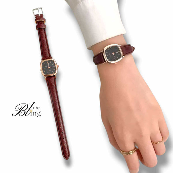 BLING Time Classic Square Face Slim Leather Strap Watch