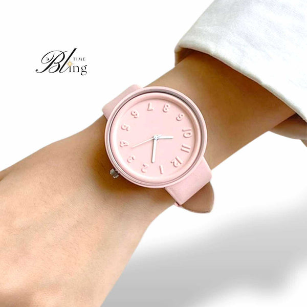 BLING Time Round Face Pink Quartz Wrist Watch Silicone Strap