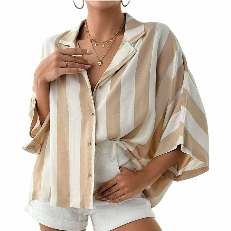 BLUSE Wide Vertical Stripes Buttondown Batwing Shirt Top