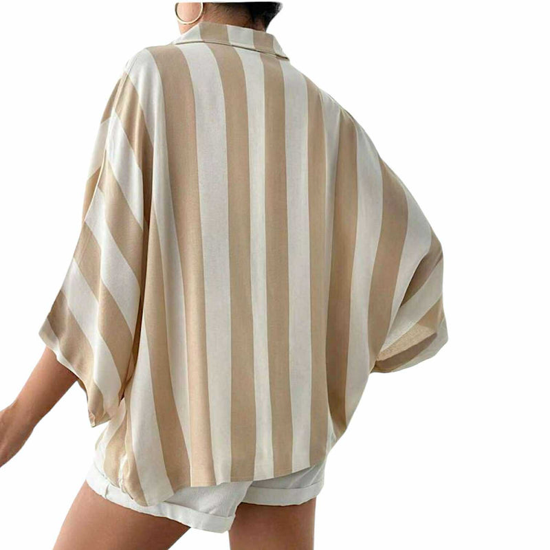 BLUSE Wide Vertical Stripes Buttondown Batwing Shirt Top