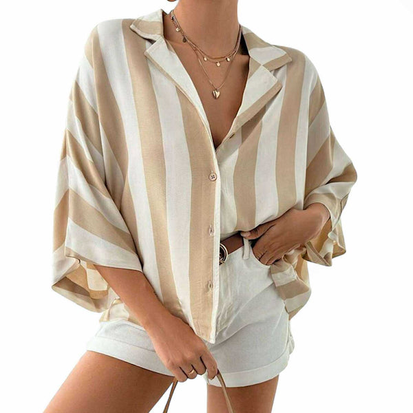 BLUSE Wide Vertical Stripes Buttondown Batwing Shirt Top