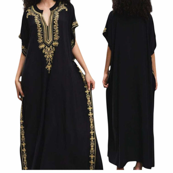 GYPSY Boho Embroidered Woven Resort Kaftan Maxi Dress