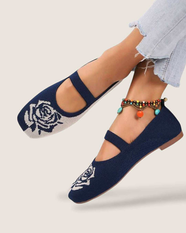 PREORDER Knitted Two Tone Flower Mary Jane Flat Shoes