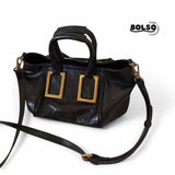 BOLSO Classic Black Leather 2way Hand Shoulder Bag Gold Buckle Accent
