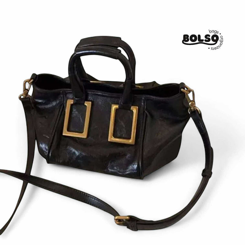 BOLSO Classic Black Leather 2way Hand Shoulder Bag Gold Buckle Accent