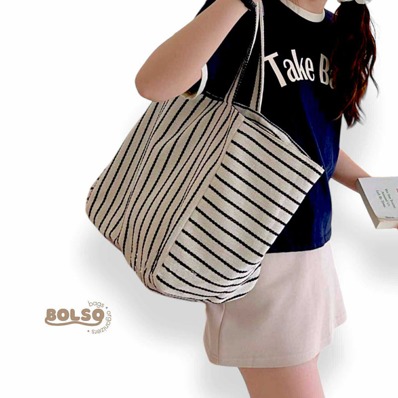BOLSO Pinstripe Canvas Large Commuter Tote Bag
