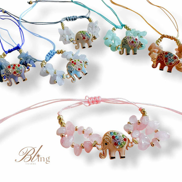 BLING Elephant Charms Natural Stone in String Bracelet