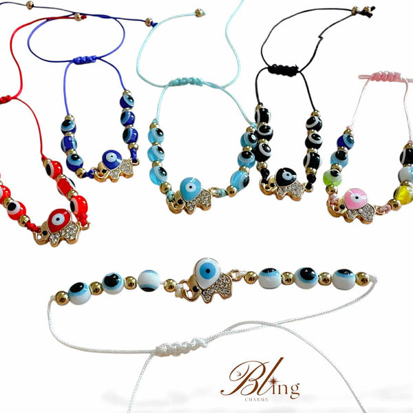 BLING Charms Evil Eye Beads Elephant on String Minimalist Bracelet
