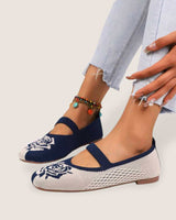 PREORDER Knitted Two Tone Flower Mary Jane Flat Shoes