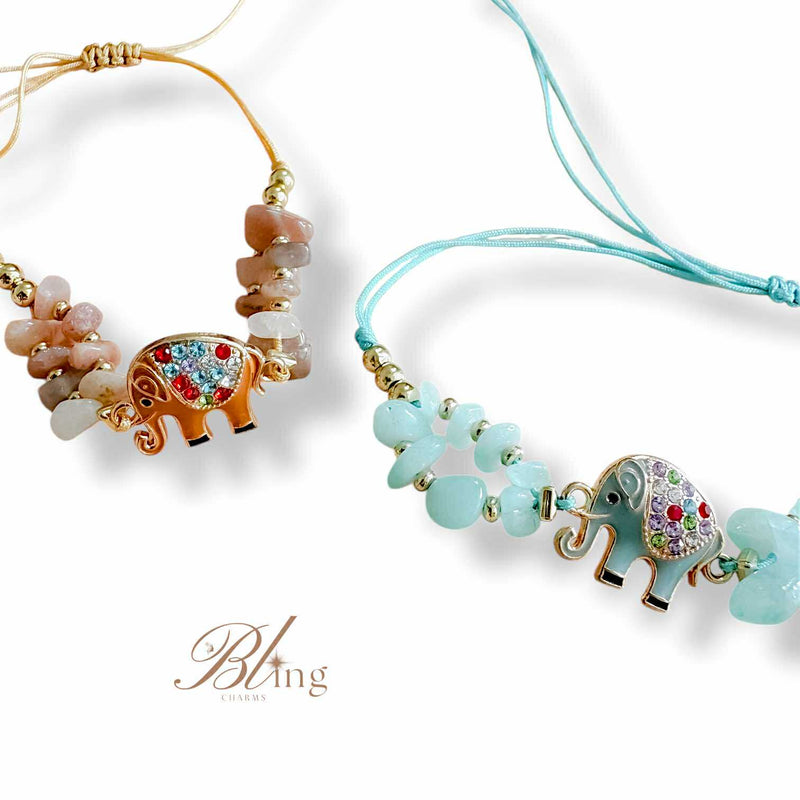 BLING Elephant Charms Natural Stone in String Bracelet