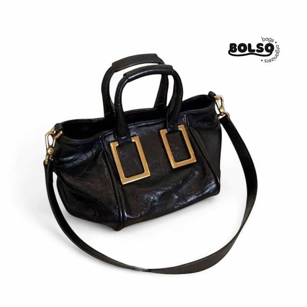BOLSO Classic Black Leather 2way Hand Shoulder Bag Gold Buckle Accent