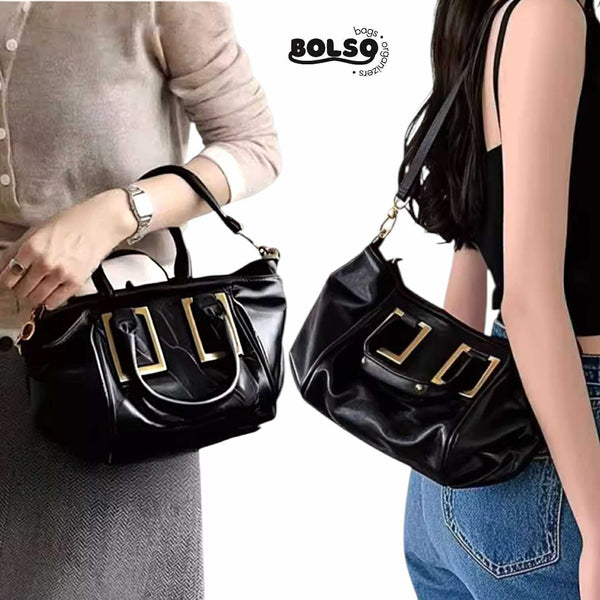 BOLSO Classic Black Leather 2way Hand Shoulder Bag Gold Buckle Accent