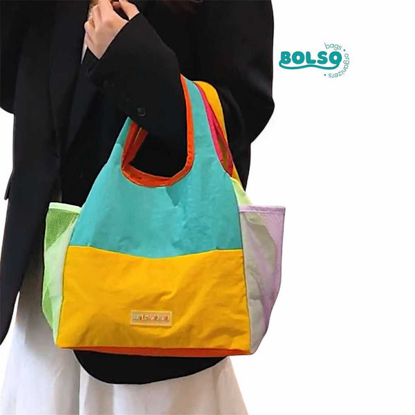 BOLSO Color Block Fabric Snap Closure Tote Bag