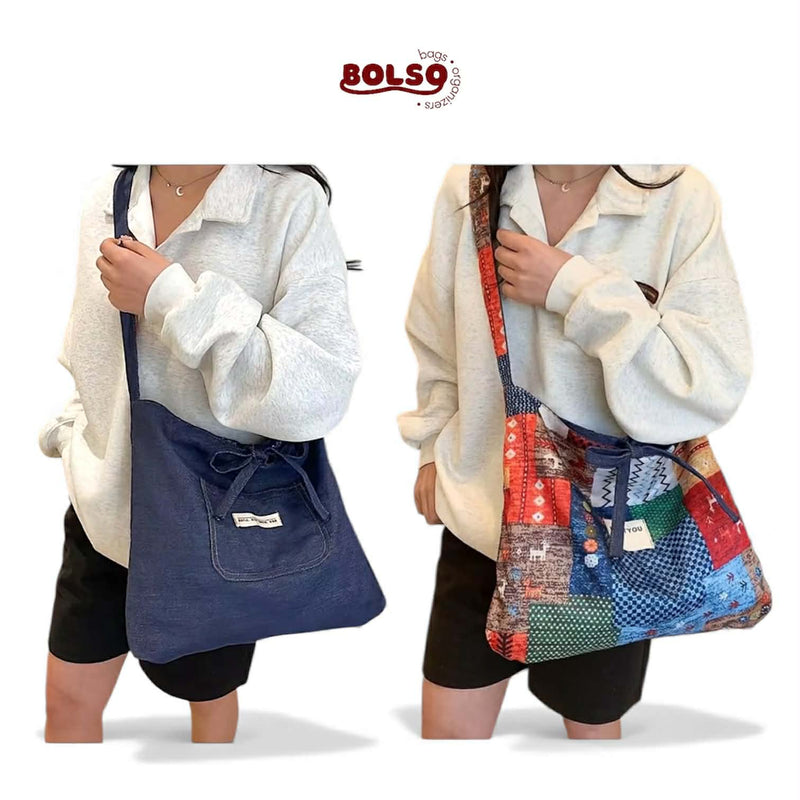 BOLSO Reversible Denim Shoulder Shopper Nylon Bag