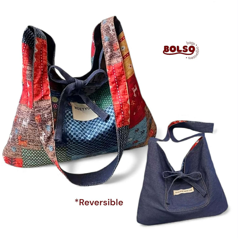 BOLSO Reversible Denim Shoulder Shopper Nylon Bag