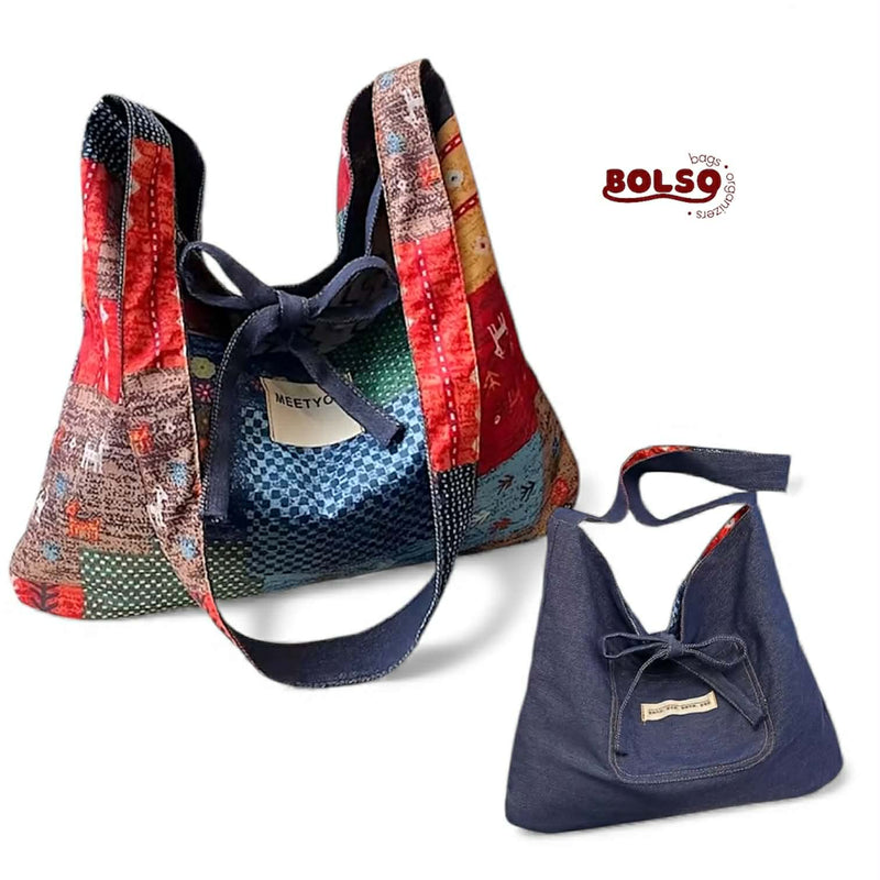 BOLSO Reversible Denim Shoulder Shopper Nylon Bag