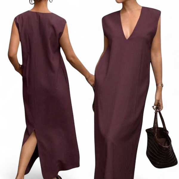 BLK V Neck Square Loose Long Woven Dress