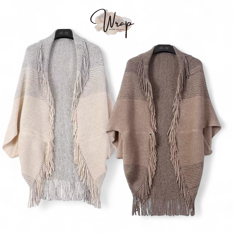 WRAP Fringe Knit Cardigan – Soft Drape Shawl with Ombre Stripes