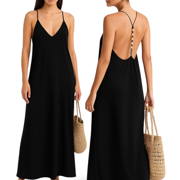 BLK Summer Beaded Strap V Neck Low Back Long Dress