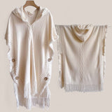 WRAP Hooded Loom Knit Cloak Poncho with Fringe