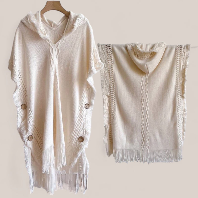 WRAP Hooded Loom Knit Cloak Poncho with Fringe