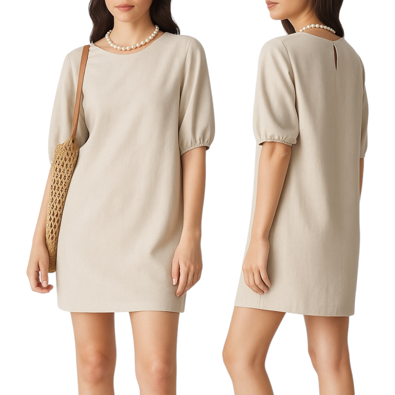 GBOSS Woven Minimalist Puff Sleeve Tunic Dress