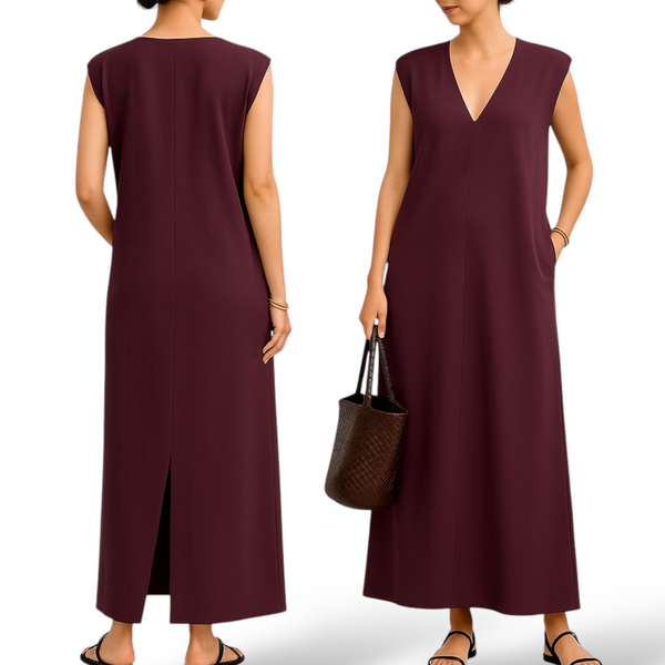 BLK V Neck Square Loose Long Woven Dress