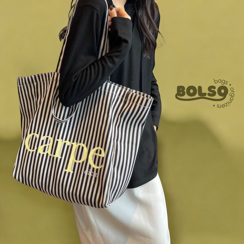 BOLSO Carpe Diem Printed Stripe Large Tote Bag