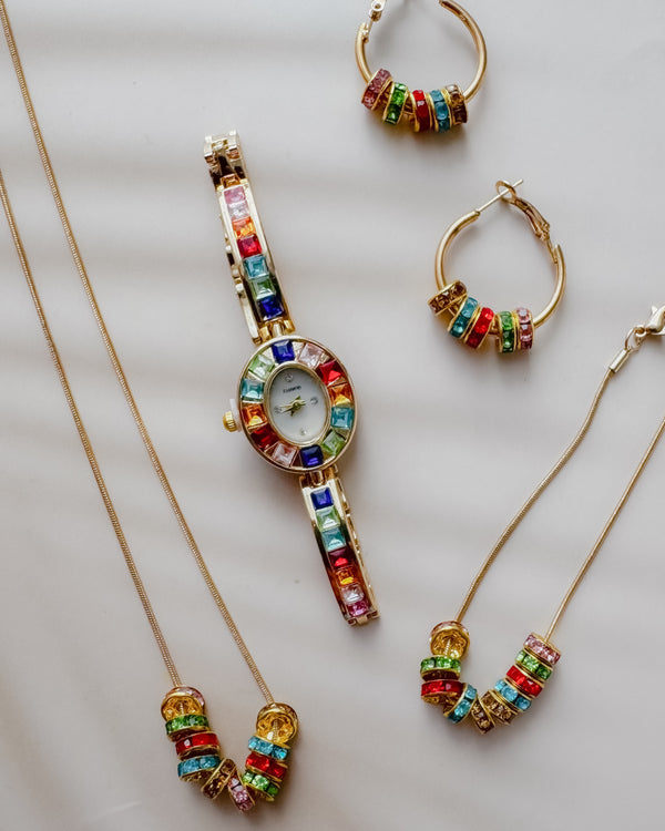 BLING 5pcs Colored Rhinestone Watch Bracelet Necklace Earring Set